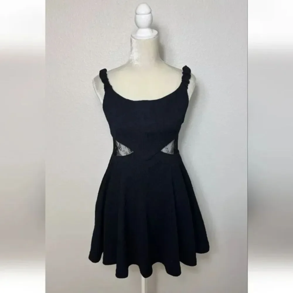 Free People Brooklyn Mini Skater A Line Dress Lace Black Textured Knit New SZ M